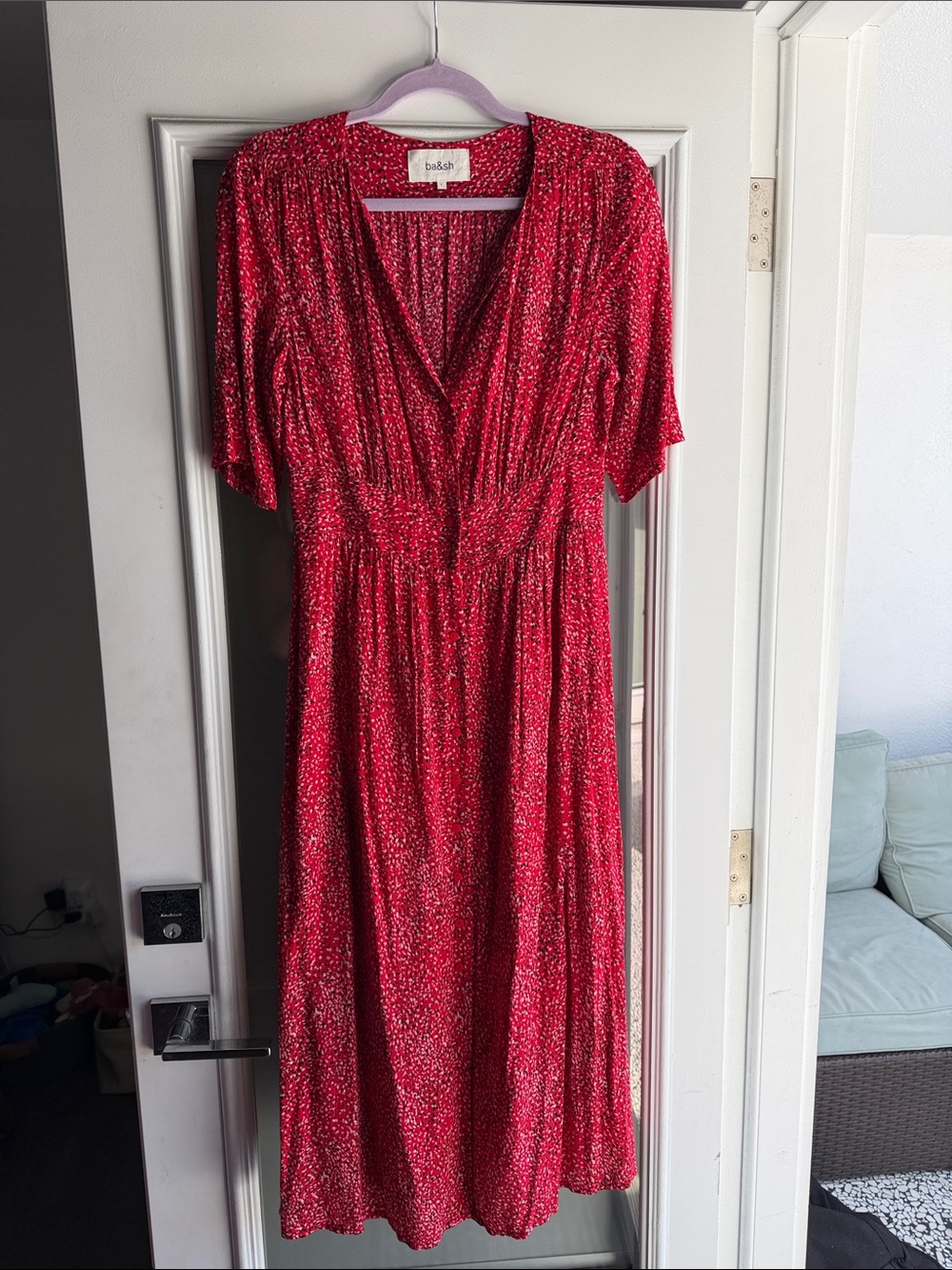 ba&sh Red Speckled button front midi dress